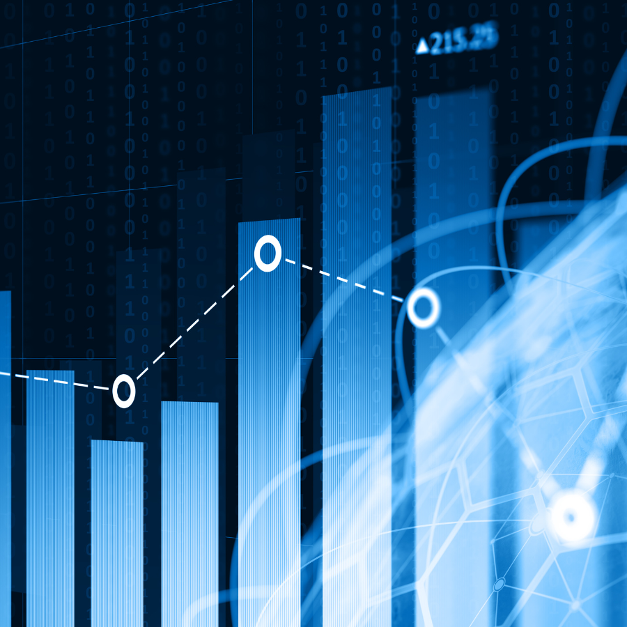 Abstrakte blaue Grafik mit Balkendiagramm, Datenpunkten und digitalem Binärcode im Hintergrund – symbolisiert technologische Trends, Datenanalyse und KI-Entwicklung.