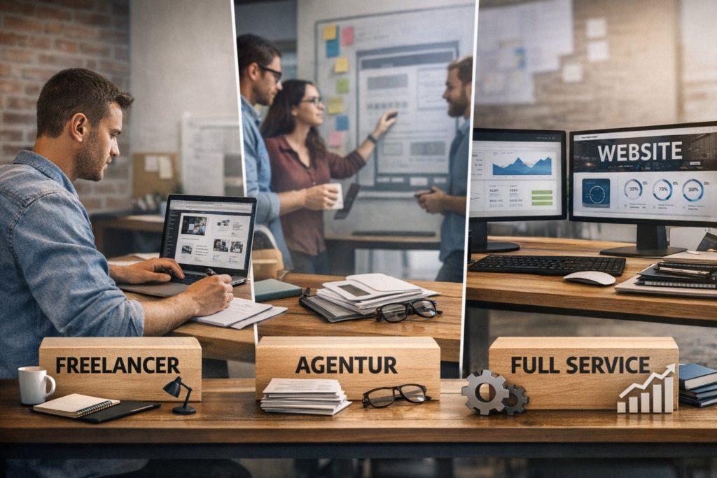Das Bild zeigt die Unterschiede zwischen Freelancer, Agentur und Full Service bei der Website-Erstellung und hilft Unternehmen bei der richtigen Entscheidung.
