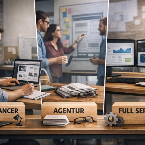 Das Bild zeigt die Unterschiede zwischen Freelancer, Agentur und Full Service bei der Website-Erstellung und hilft Unternehmen bei der richtigen Entscheidung.