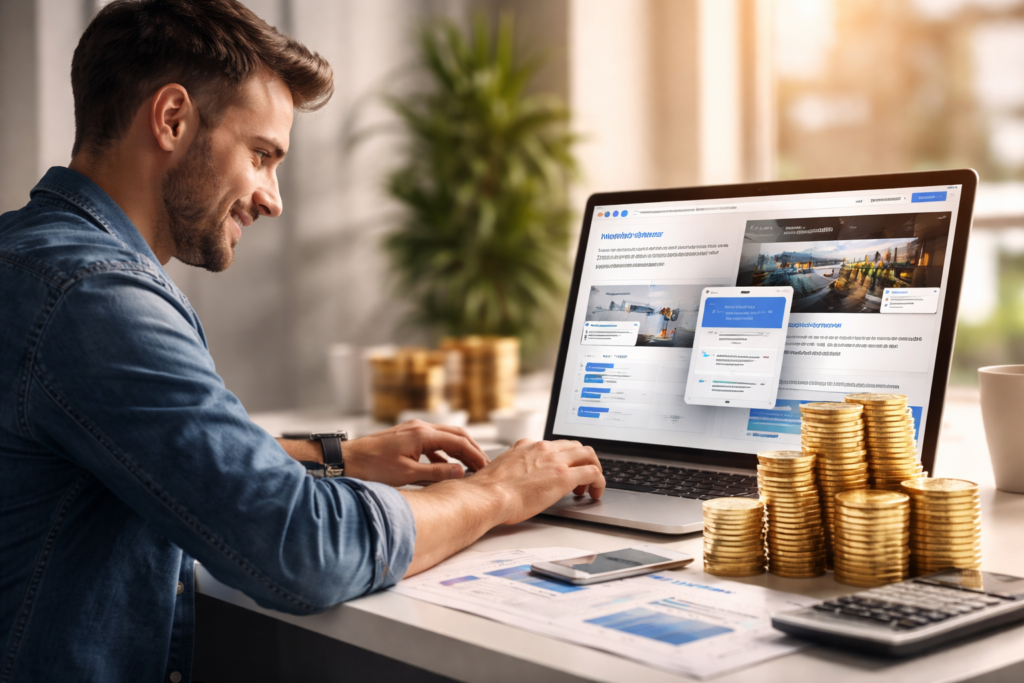 Eine Person analysiert eine Website am Laptop und zeigt, wie professionelle Weblösungen zu messbarem Wachstum und wirtschaftlichem Erfolg beitragen.